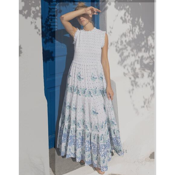 Oliphant Tuckernuck Smocked Corfu Blue Maxi Dress size M medium - Picture 6 of 6